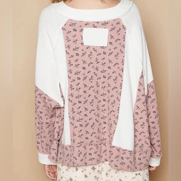POL Waffle Knit Floral Notched Long Sleeve top - Picture 4 of 7